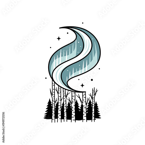Northern Lights Over Forest Scene vector illustration