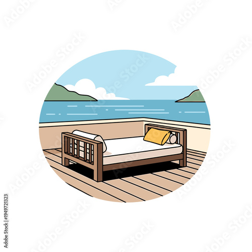 Resort Deck Lounge with Sea View vector illustration