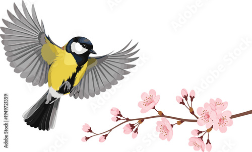 Detailed Great Tit Bird in Flight with Pink Cherry Blossom Branch Vector Illustration for Spring Nature Backgrounds, Floral Designs, and Wildlife Art Projects