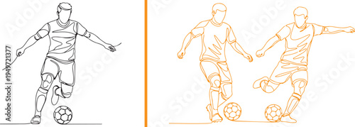 Vector illustrations of soccer players in action: black line art of a player controlling the ball and a purple minimalist silhouette of an athlete running. Ideal for sports and football branding.
