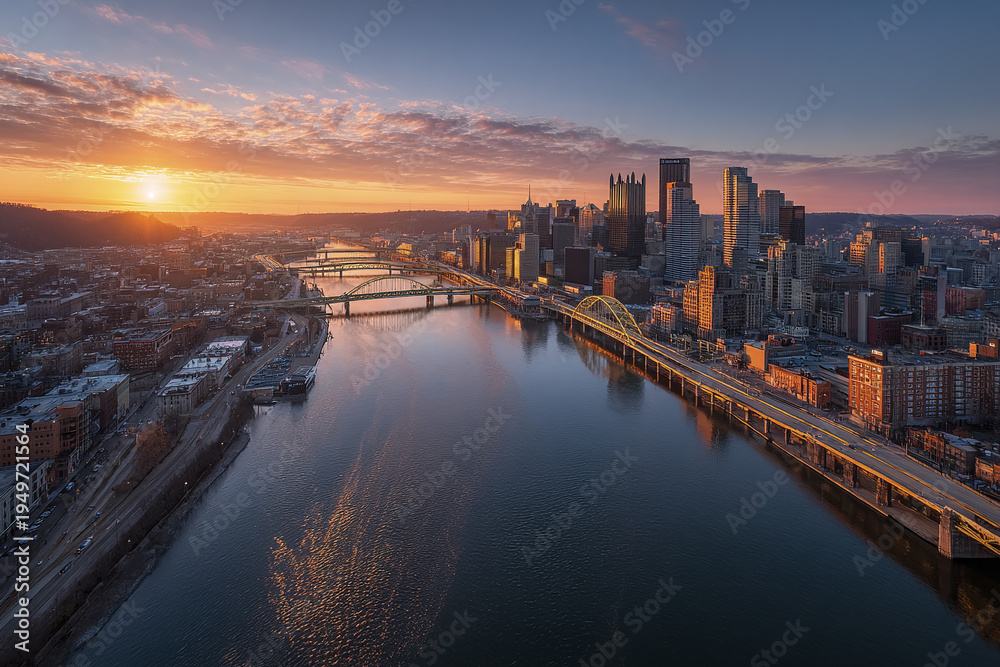 Fototapeta premium Downtown skyline aerial panorama at sunset with river water reflecting colorful sky and bridges crossing urban cityscape with tall buildings and roads