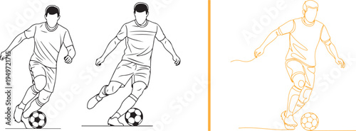Vector set of soccer players in action, featuring minimalist black and orange line art of athletes dribbling and kicking. Clean sports illustrations perfect for football-themed graphic design.