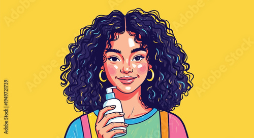 Digital art lady holding facial serum moisturizer dispenser