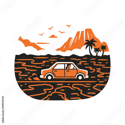 Vintage Car Driving By The Beach Landscape vector illustration