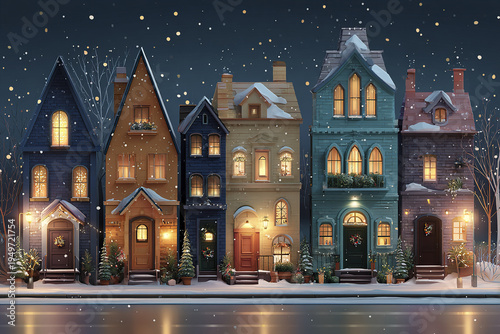 Cozy winter street with colorful houses covered in snow and warm glowing windows, creating festive and peaceful holiday atmosphere under falling snowflakes