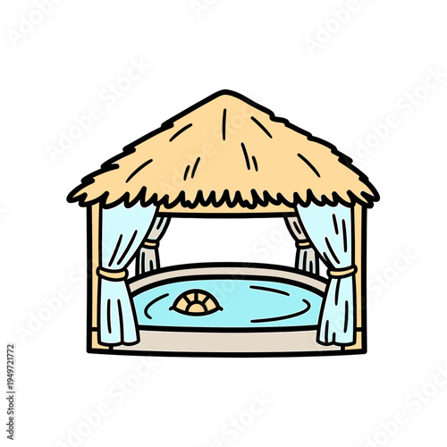 Cartoon Cabana with Pool and Curtains vector illustration