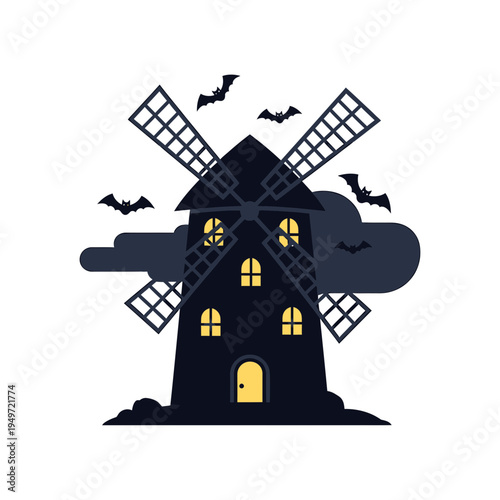 Spooky Windmill Silhouette with Bats and Clouds vector illustration