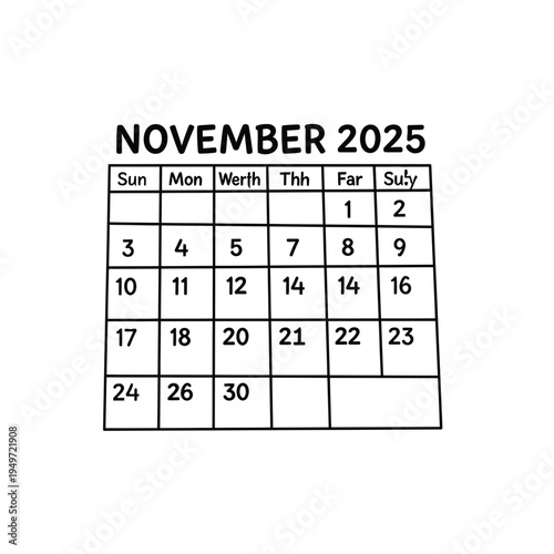 November 2025 Calendar Page vector illustration