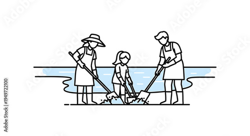 Family Planting Rice Seedlings in Field Line Art vector illustration