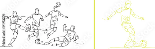 A dynamic vector set of male soccer players in action, featuring black line art of athletes kicking and tackling, alongside a yellow minimalist illustration of a player dribbling a ball.