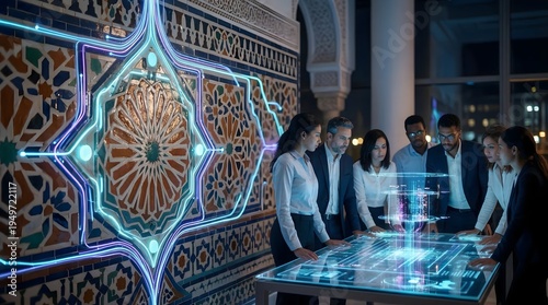 Diverse team of business professionals interacting with a futuristic glowing digital table in a modern office featuring traditional Arabesque tilework with neon cyber lines. AI generated.