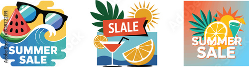 Vibrant summer sale stickers with fruit and sunglasses on colorful backgrounds