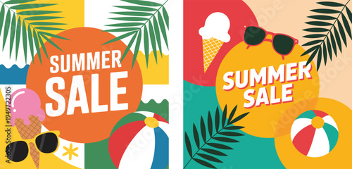 Vibrant summer sale banners with sunglasses and beach balls on colorful background