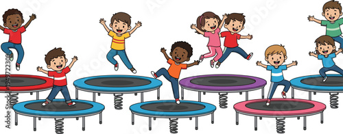Diverse Happy Children Jumping on Mini Trampolines Set, Active Kids Playing and Bouncing Outdoor Recreation Vector Illustration Collection for School and Sports Designs