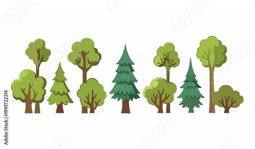 Cute Cartoon Forest Trees Collection Deciduous and Pine Tree Vector Set