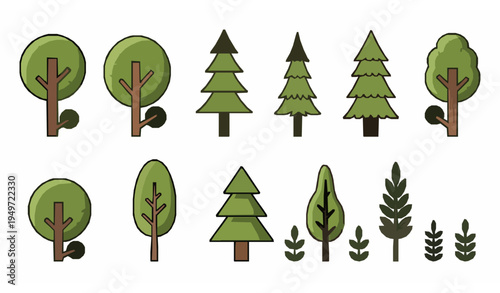 Cartoon Woodland Tree Set Deciduous and Coniferous Forest Plants Vector