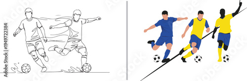 Vector illustrations of soccer players in action: minimalist black line art of dribbling and colorful flat designs of players in blue and yellow kits kicking the ball. Great for sports branding.