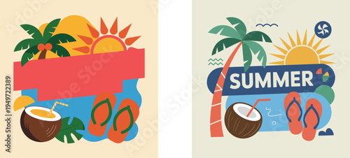 Vibrant summer icons with palm trees and beach elements on colorful backgrounds