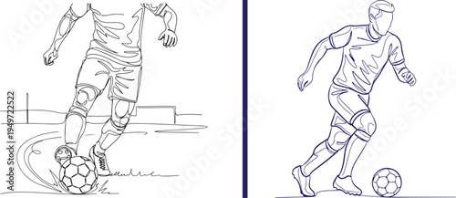 Dynamic blue line art vector of a soccer player dribbling a ball. The minimalist illustration captures an athlete in motion on the field, perfect for sports branding and football-themed designs.