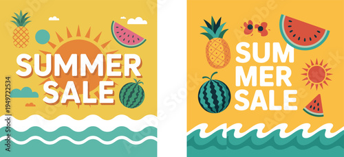 Vibrant summer sale banners with fruit and sunny illustrations