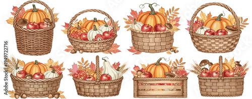 Autumn Harvest Wicker Basket and Wooden Crate Vector Set Featuring Pumpkins, Red Apples, Fall Leaves, Mushrooms, and Seasonal Foliage for Thanksgiving and Decorative Projects