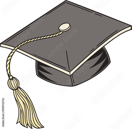 Graduation cap PNG isolated on transparent background featuring black mortarboard and golden tassel for commencement ceremony.