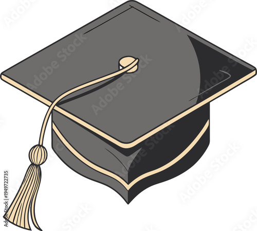 Black academic graduation cap PNG with gold tassel isolated on transparent background for education and ceremony design.