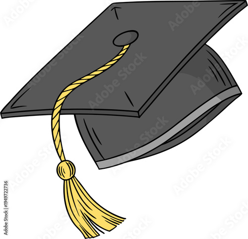 Academic black mortarboard with gold tassel isolated on transparent background, graduation cap symbol for education and achievement.