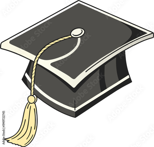 Traditional black mortarboard with gold tassel isolated on transparent background symbolizing graduation, education, and academic achievement.