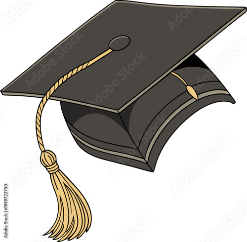 Black mortarboard graduation cap with gold tassel isolated on transparent background representing education success and celebration.