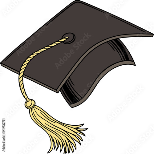 Black graduation cap with gold tassel PNG isolated on transparent background for academic ceremony and education concept.