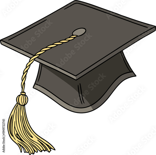 Black graduation cap PNG isolated on transparent background with gold tassel, academic mortarboard for commencement ceremony.
