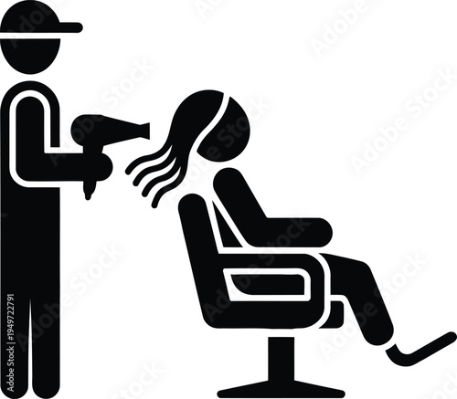 Black and white illustration of a hairdresser styling a womans hair with a blow dryer in a chair
