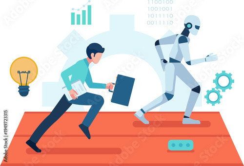 Human vs AI Robot Running a Race for Employment