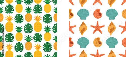 Vibrant tropical pattern featuring pineapples, leaves, starfish, and seashells