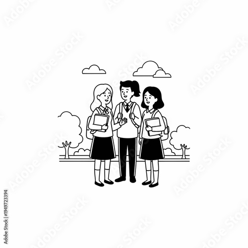 School Students Conversation Line Art vector illustration