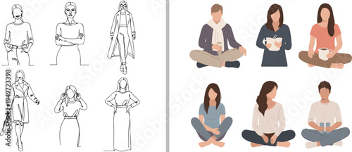 A vector set featuring minimalist line art of women in fashion poses and a colored illustration of men and women sitting cross-legged, relaxing with coffee and tea in a flat, faceless style.
