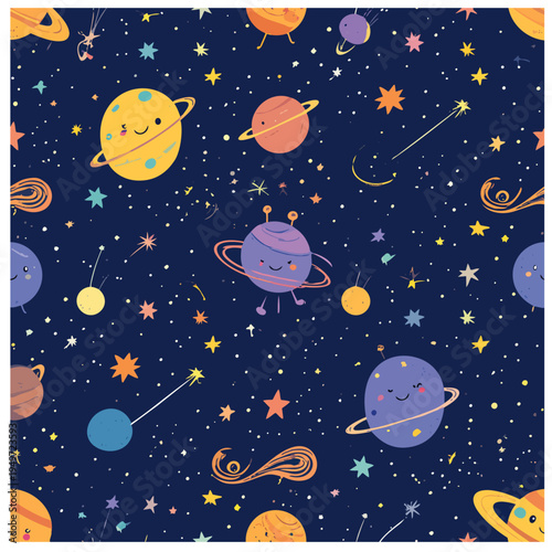 Seamless Vector Pattern of Cute Aliens, Planets, and Stars for Space Scrapbook Design