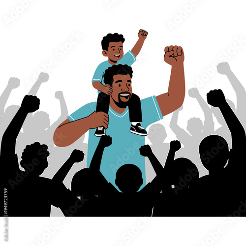 Father and Son Raising Fists in Solidarity at a Protest vector illustration