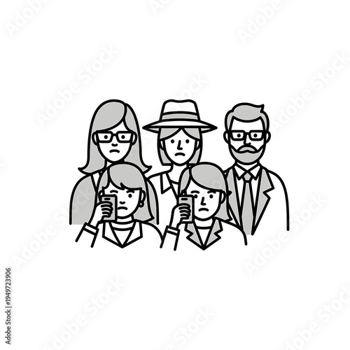 Group of People Looking at Phones with Sad Expressions vector illustration