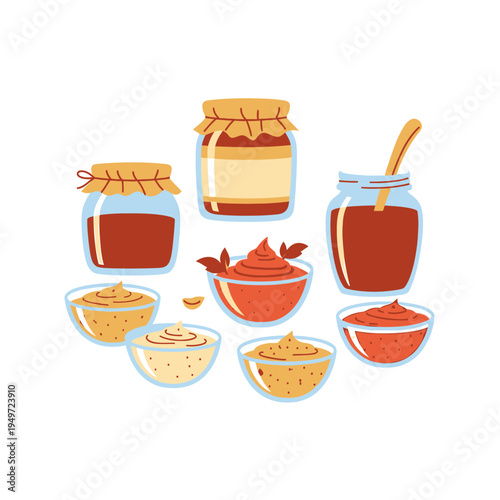Jars and Bowls of Spreads and Dips vector illustration