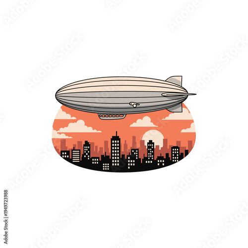 Airship Over the City at Sunset Vector vector illustration