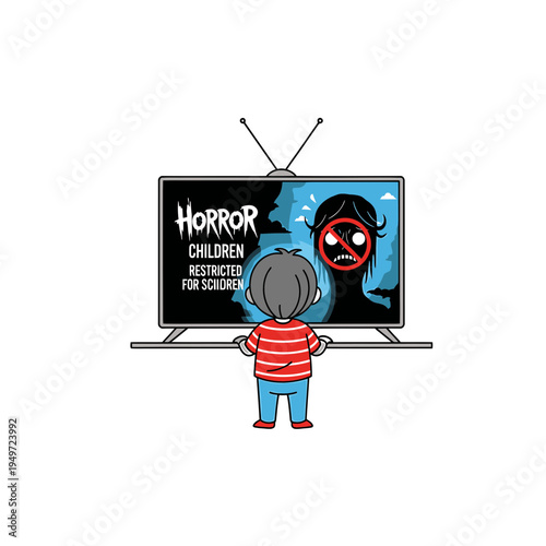 Boy Watching Horror Show on TV vector illustration