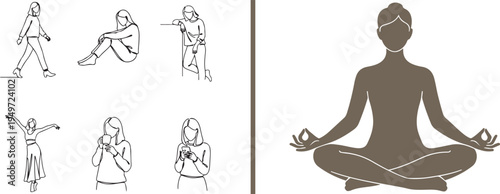 A vector set featuring a woman in various minimalist line art poses, including walking, dancing, and using a phone, alongside a large silhouette of a woman in a lotus meditation position.