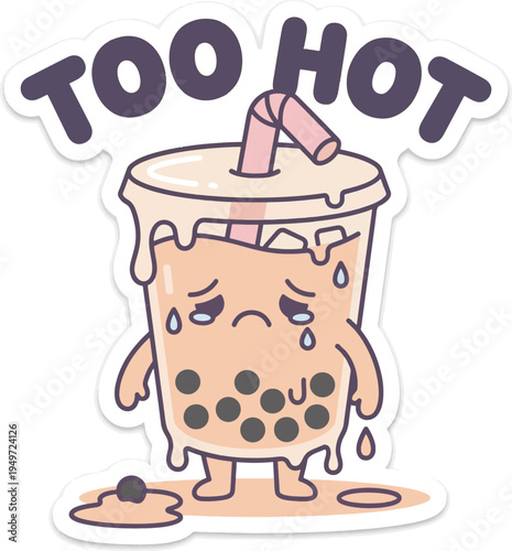 Cartoon boba tea character sweating.