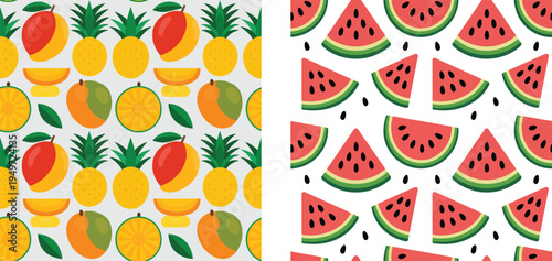 Colorful seamless pattern of fruit slices and whole fruits