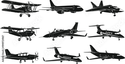 Airplane silhouette collection, various aircraft types including jet, propeller and private planes, aviation transport vector illustration isolated set