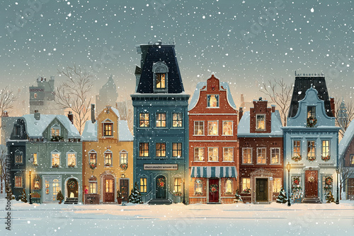 Cozy snowy European town street with colorful historic buildings decorated for Christmas, warm glowing windows, and gentle snowfall creating festive winter atmosphere