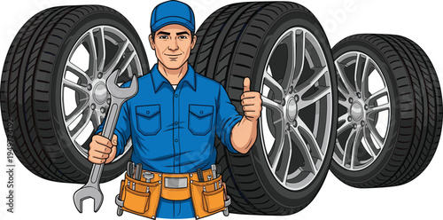 Auto mechanic with wrench and car tires illustration, professional automotive repair technician, wheel service concept vector isolated design