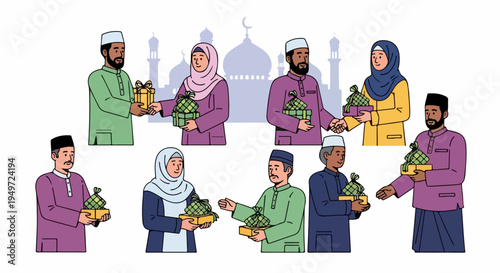 Illustration of Muslim characters in traditional attire exchanging gifts and ketupat during Eid al-Fitr celebration against a mosque silhouette.